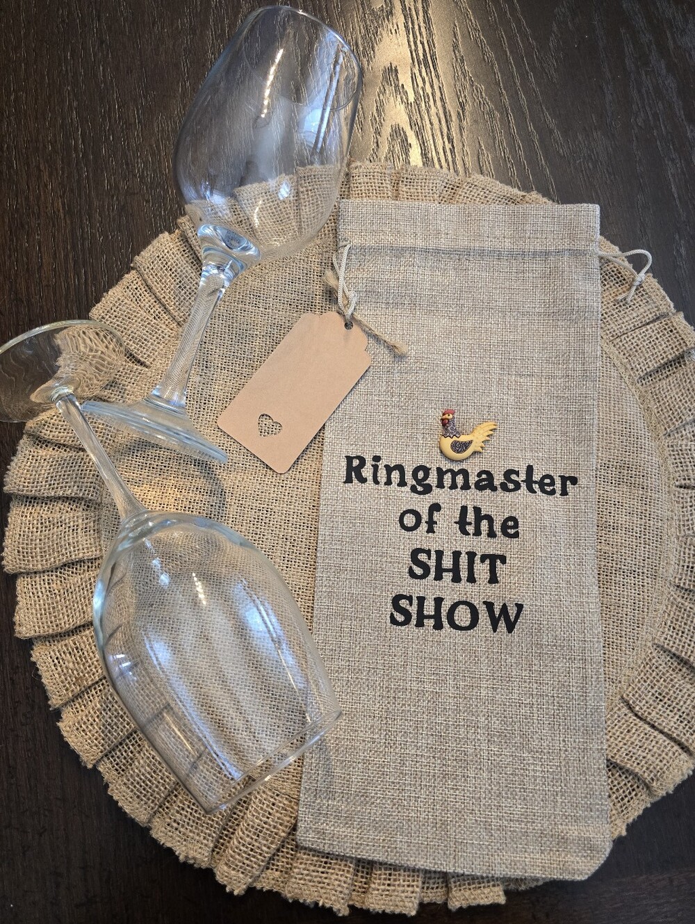 🍷🐔Unbranded Natural Burlap Wine Bag - 'Ringmaster of the SHIT SHOW'😂
